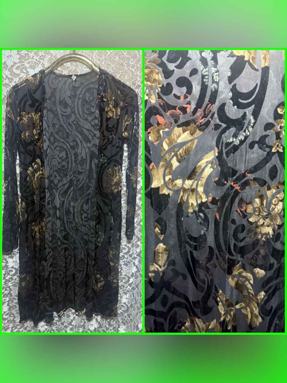 Black Sheer Velvet Burnout duster cardigan tan/Gold red Floral paisley pattern S